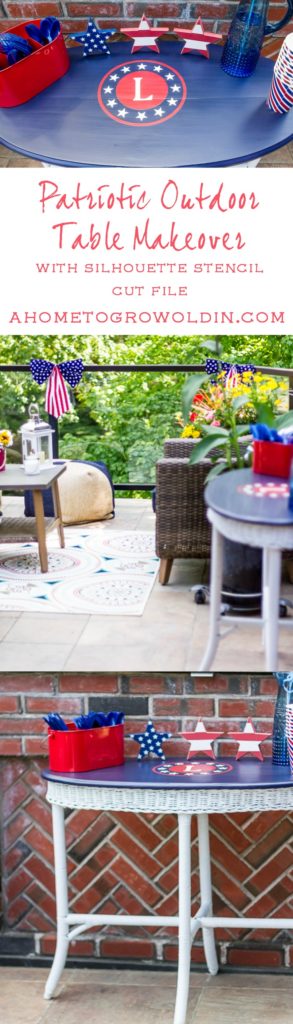 This patriotic outdoor furniture makeover is the perfect table for a Memorial Day or 4th of July BBQ. Includes the Silhouette stencil cut file that can be used on so many party decorations. Pin now so you'll always have the cut file!