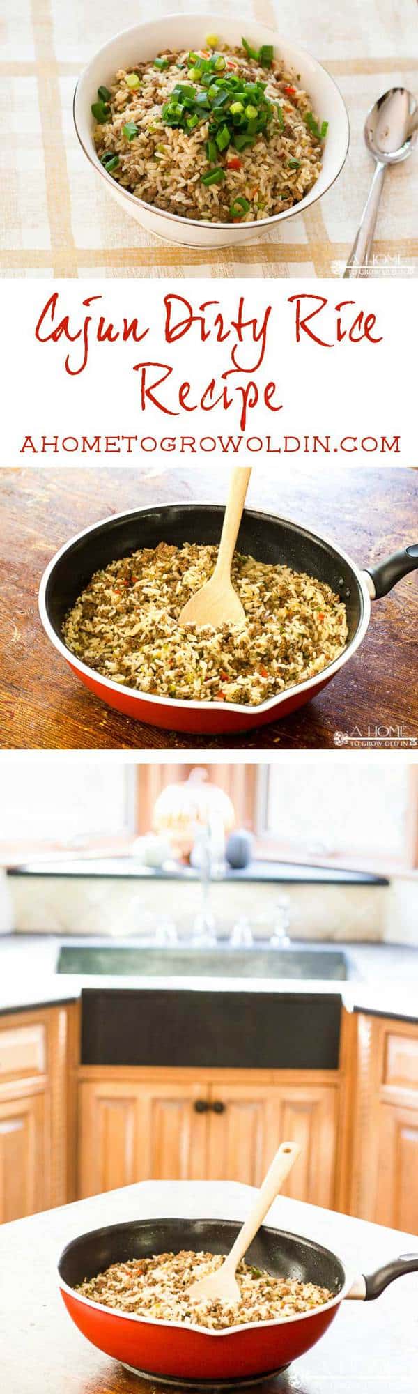 Check out this delicious recipe for cajun dirty rice! It's a great make-ahead side dish for Thanksgiving, Christmas, or any family meal. Perfect with your fried turkey! Pin this for the holidays!