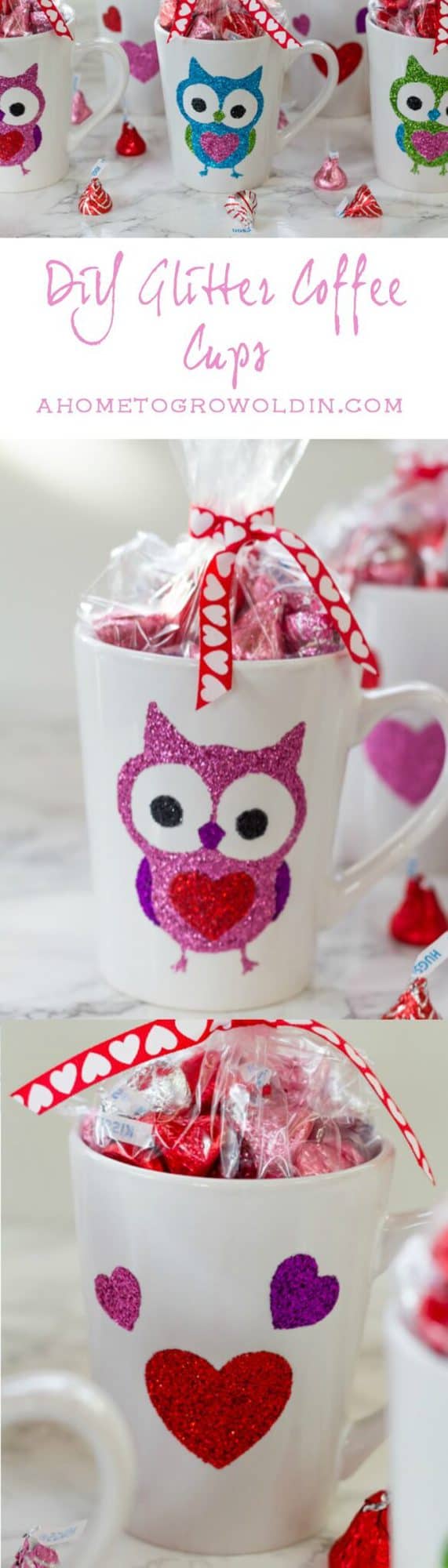How cute are these glitter coffee cups? They are perfect for teacher or co-worker gifts! I would love to receive one of these mugs! Includes the Silhouette cut file as a free download. 
