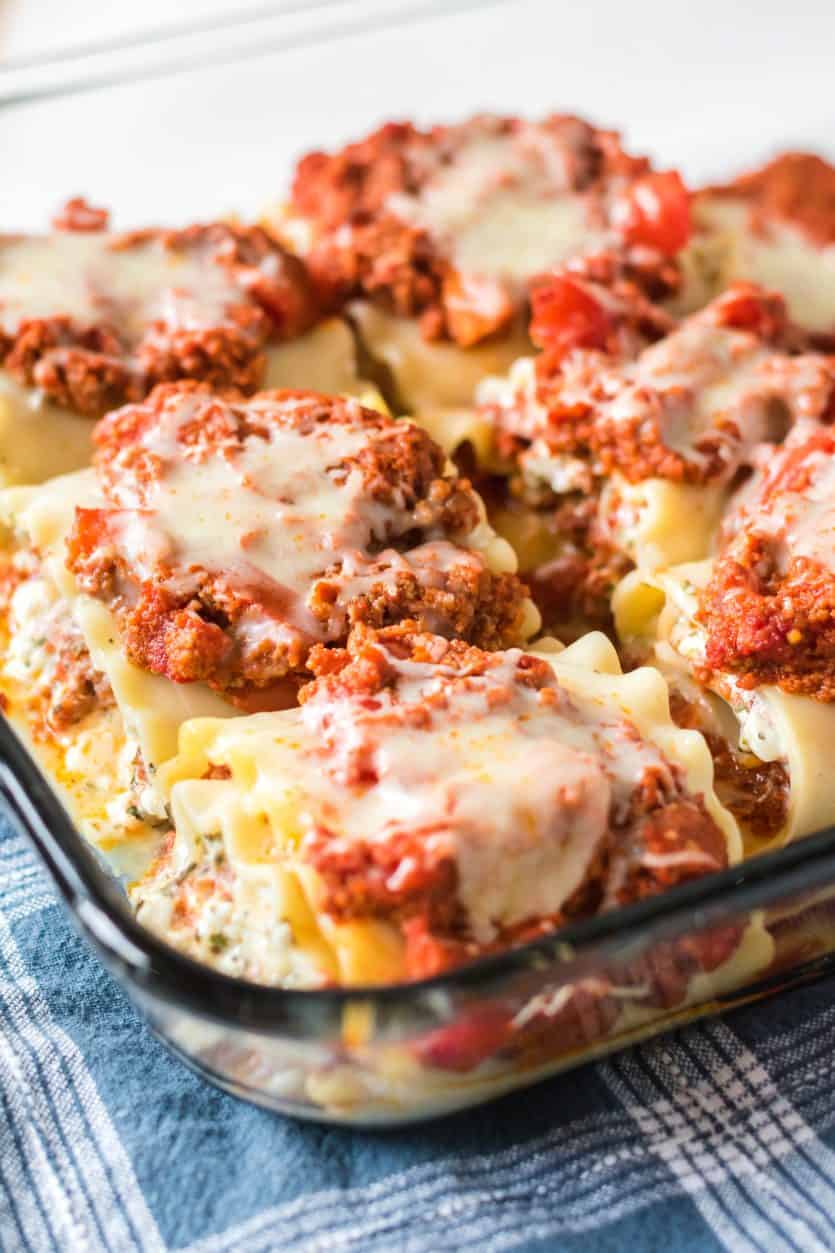 pepperoni and beef lasagna rolls made with cottage cheese fresh out of the oven