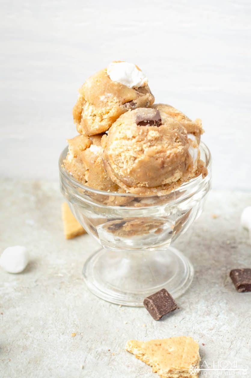 edible s'mores cookie dough served in a glass dish