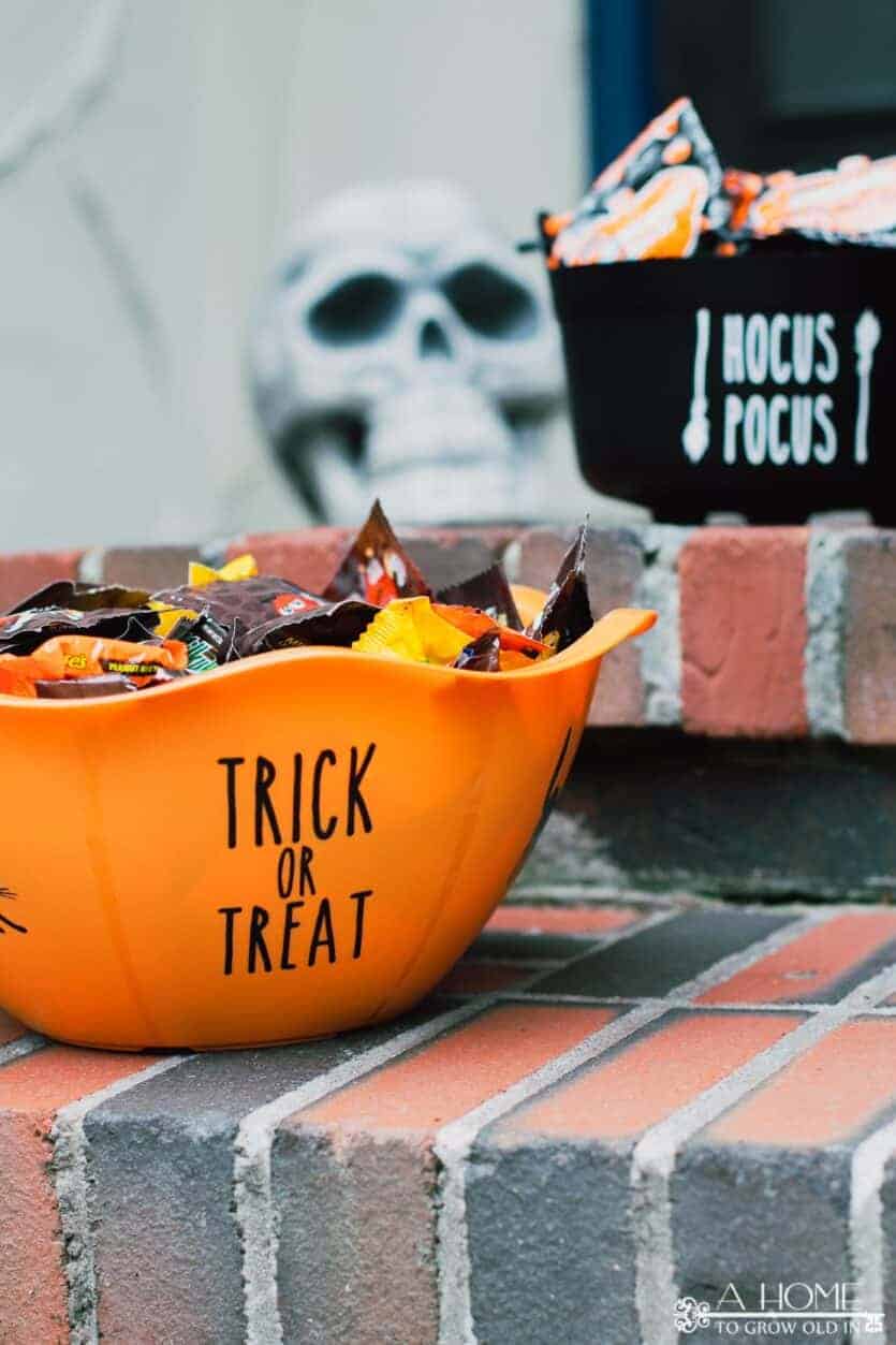 Halloween candy bowl filled with candy