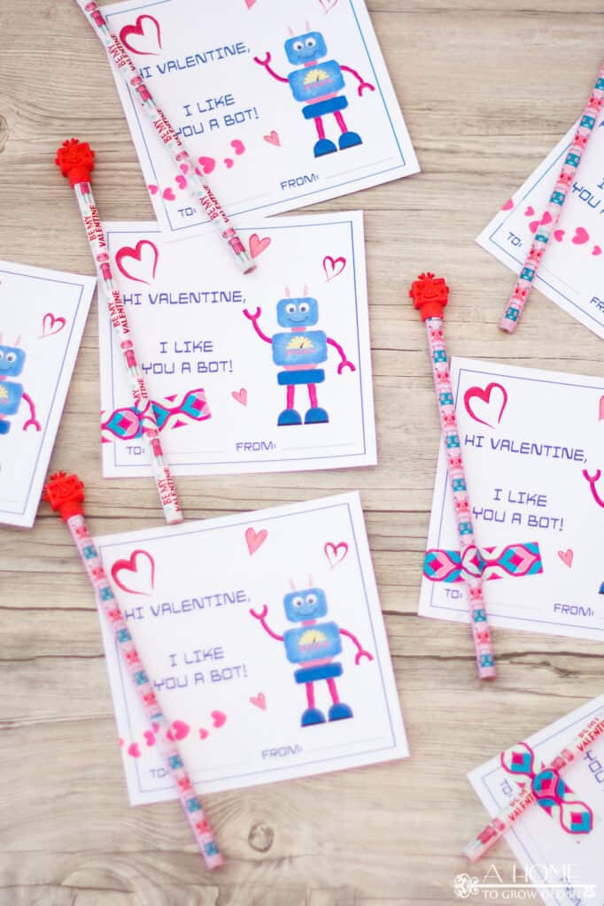 robot valentines cards on a wooden background