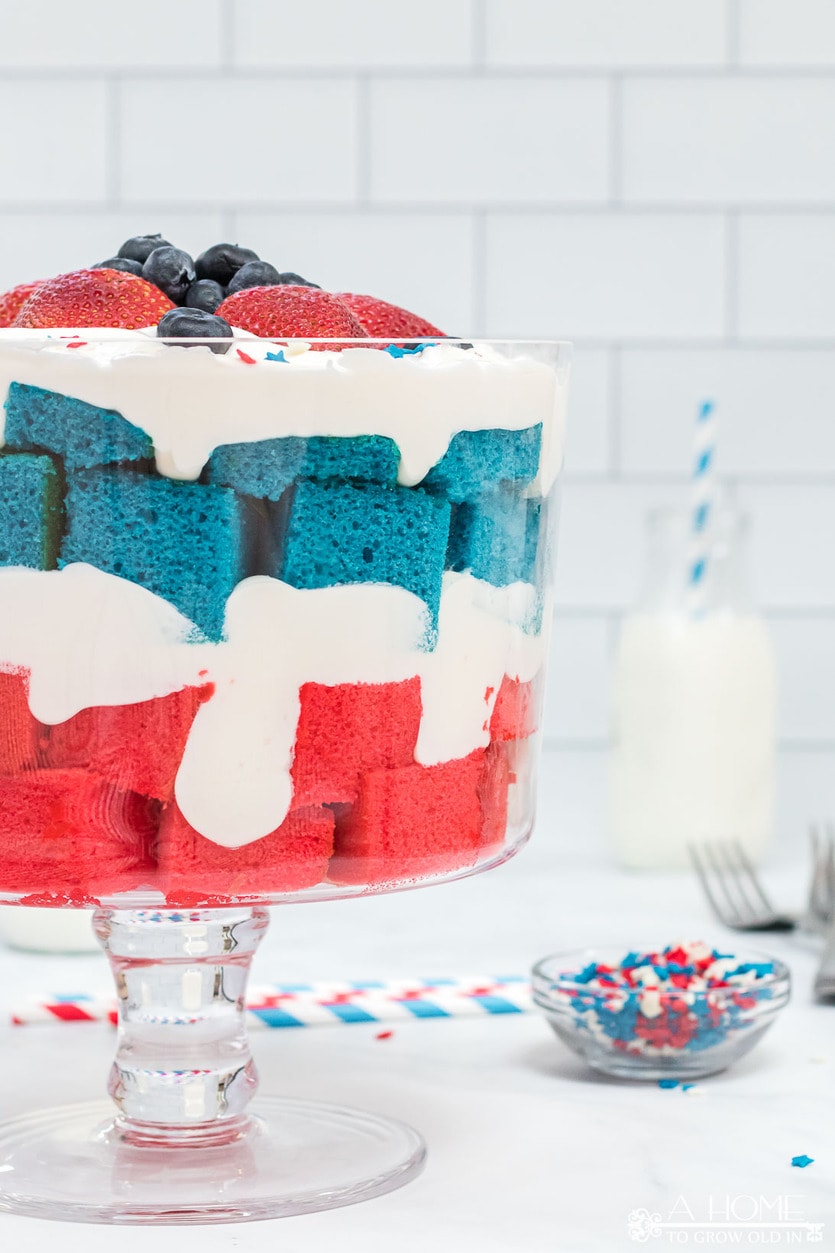 patriotic trifle made with red and blue cake