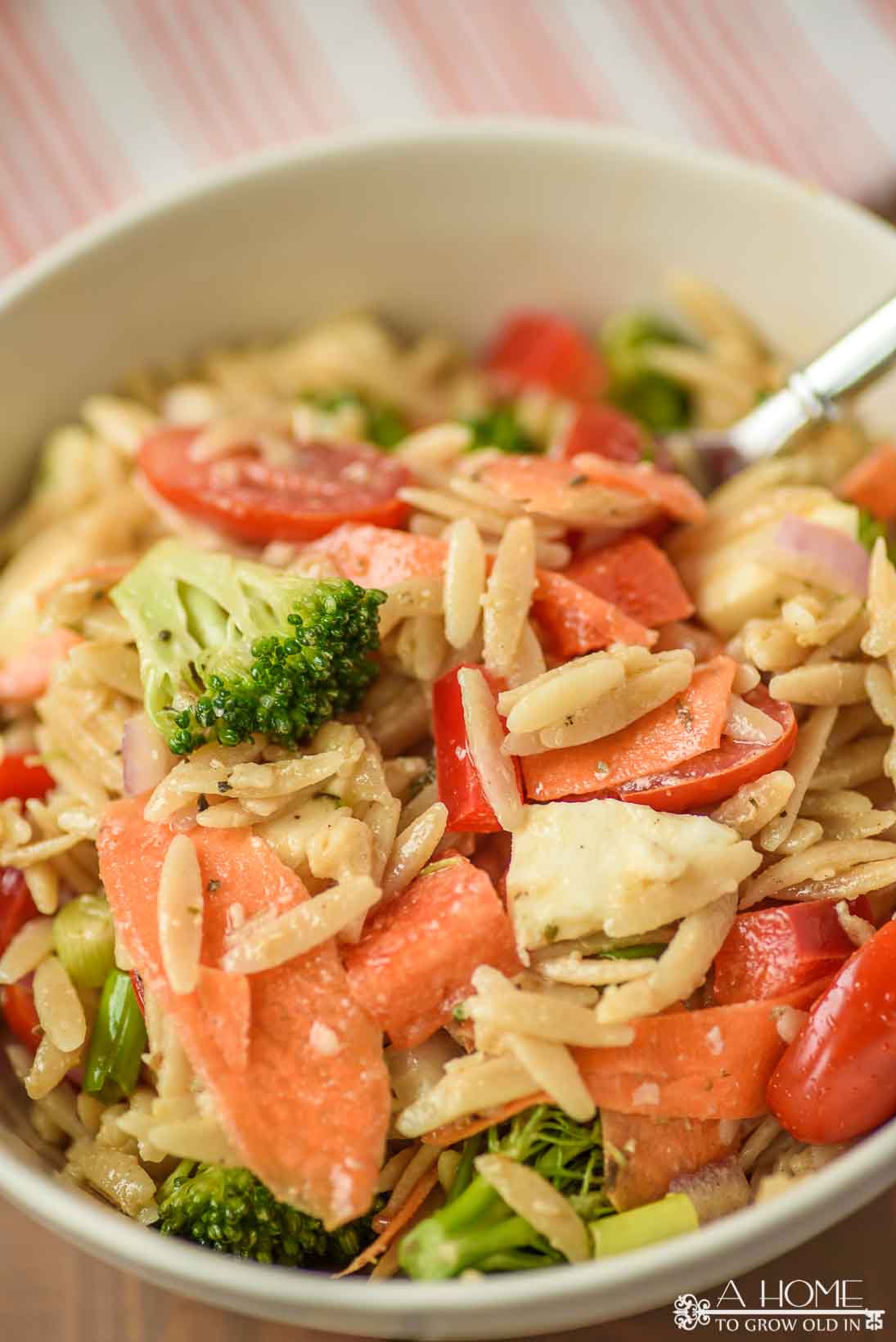 up close view of the orzo pasta salad